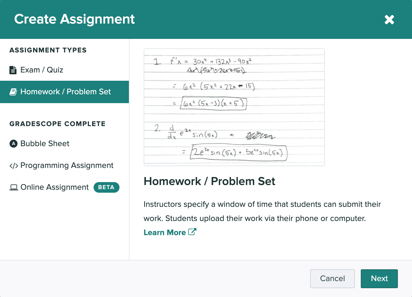 The create assignment modal is open and the homework / problem set option is selected.